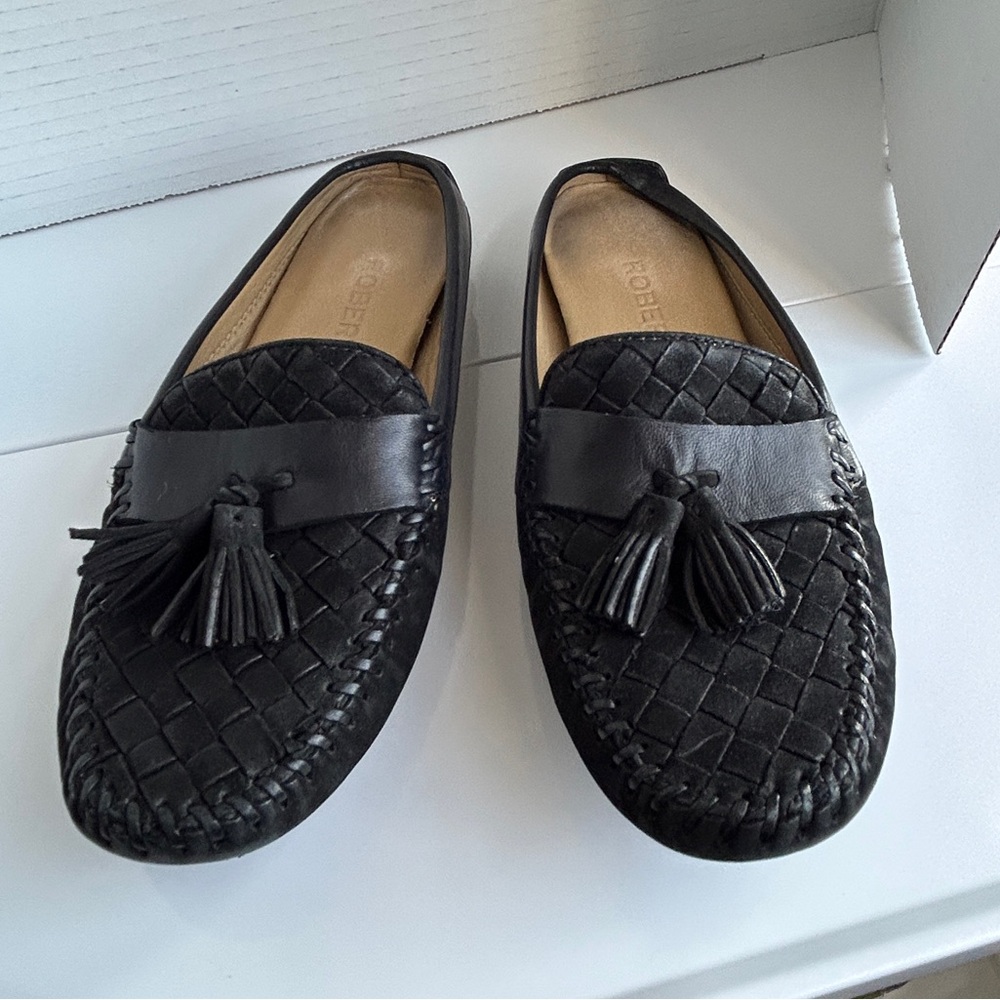 Robert Zur Women’s 6 Black Woven Leather Tassel Loafer Mule Slip On Flat Italy